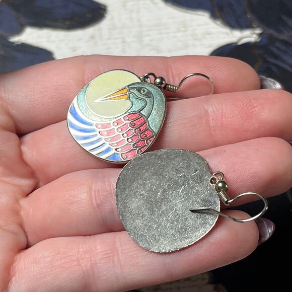 Vintage Silver Tone Enamel Cloisonne Bird Earrings - Picture 3 of 6
